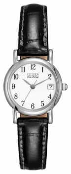 Citizen Womens White Dial Black Leather Strap Eco-Drive Watch