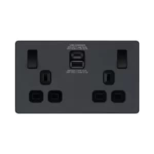 BG Evolve Matt Grey Double Switched 13A Power Socket + USB C 30W + USB A (2.1A) - PCDMG22UAC30B