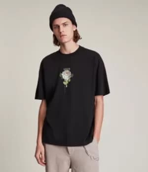 AllSaints Mens Wreath Crew T-Shirt, Black/White/Green, Size: S