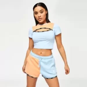 11 Degrees Womens Taped Colour Block Cut Out Slim Fit Short Sleeve T-Shirt - Baby Blue / Coral - UK 12/EU 40