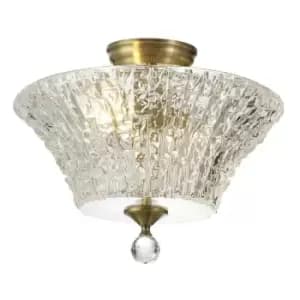 Luminosa Talisa 2 Light Semi Flush Ceiling Lamp E27 With Round 38cm Patterned Glass Shade Antique Brass, Clear