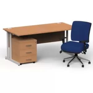 Impulse 1600/800 Silver Cant Desk Oak + 3 Dr Mobile Ped & Chiro Med Back Blue W/Arms