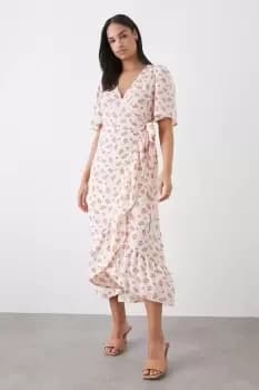 Pink Floral Ruffle Angel Sleeve Wrap Midi Dress