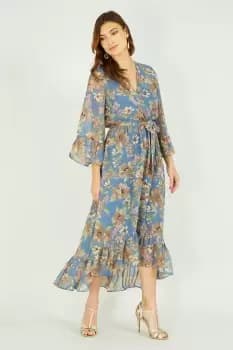 Yumi Grey Floral Dip Hem Midi Dress