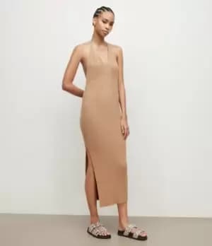 AllSaints Womens Lexi Halter Neck Dress, Praline Metallic, Size: M