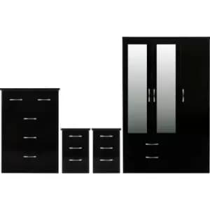 Seconique - Nevada 3 Door Mirrored 2 Drawer 4 Piece Bedroom Set in Black Gloss Finish