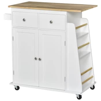 HOMCOM Kitchen Island Storage Cabinet Rolling Trolley with Rubber Wood Top, 3-Tier Spice Rack, Large Cabinet & Drawers