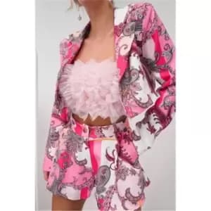 I Saw It First Pink Cropped Scarf Print Blazer - Pink