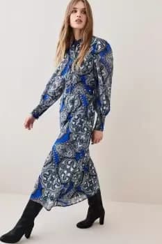 Tile Print Georgette Pleated Woven Shirt Dress