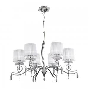 Ceiling Chandelier 6 Light E27 With White Shades Polished Chrome/Clear Crystal