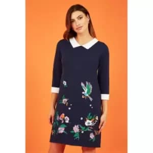 Yumi Navy Floral Embroidered Knitted Dress - Blue