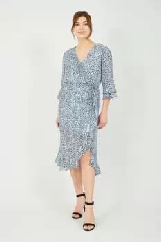 Blue Recycled Heart Spot Frill Wrap Midi Dress