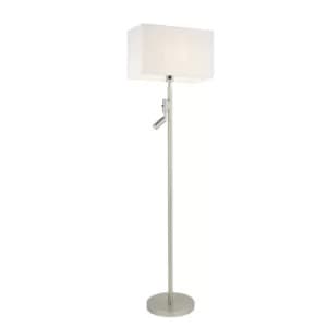 Owen Rectangular Floor Lamp With Reading Light Matt Nickel Plate, Vintage White Fabric Shade