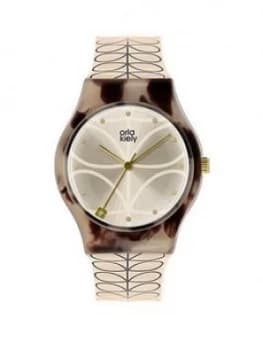 Orla Kiely Orla Kiely Bobby Champagne And Mink Tortoise Shell Dial Cream And Grey Stem Print Strap Ladies Watch