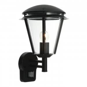 PIR 1 Light Outdoor Wall Lantern Matt Black, Clear Polycarbonate IP44, E27