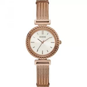 GUESS Ladies rose gold watch with white dial and mesh bracelet