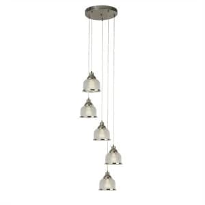 5 Light Spiral Cluster Pendant Satin Silver, Glass Shade, E27