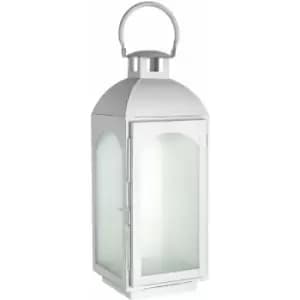 Small Mild Steel Lantern White Wash Finish Frosted Glass Detail Small Size Display Pillar Candle 16 x 45 x 17 - Premier Housewares