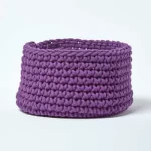 Homescapes - Deep Purple Cotton Knitted Round Storage Basket, 37 x 21cm - Purple