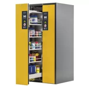 asecos Type 90 fire resistant vertical pull-out cabinet, 2 drawers, 8 tray shelves, grey/yellow