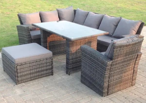 Fimous 7 Seater Outdoor Dark Grey Rattan Lounge Complete Sofa Set with Black Tempered Dining Table and Footstool