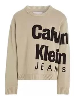 Calvin Klein Jeans Boys Blown-Up Logo Layers Sweater - Plaza Taupe, Beige, Size Age: 10 Years