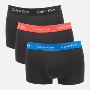Calvin Klein Mens Cotton Stretch Low Rise 3 Pack Trunks with Contrast Waistband - B-Blue/Strawberry Field/Black - L