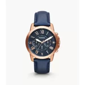 Fossil Mens Grant Chronograph Navy Leather Watch - Blue