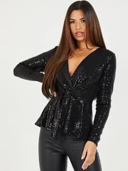 Quiz Black Sequin Peplum Top - 8
