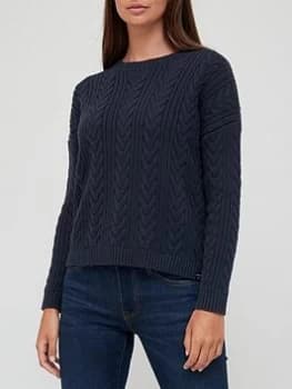 Superdry Dropped Shoulder Cable Knit Crew Neck Jumper - Navy, Blue, Size 10, Women