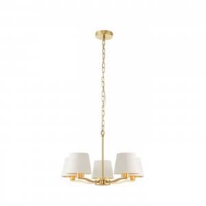 5 Light Multi Arm Ceiling Pendant Satin Brushed Gold, Vintage White Silk Effect, E14