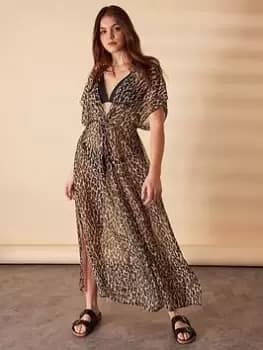 Accessorize Leopard Print Chiffon Maxi Kaftan, Brown, Size S, Women