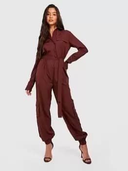 Boohoo Utility Boiler Jumpsuit - Chocolate, Brown, Size 10, Women