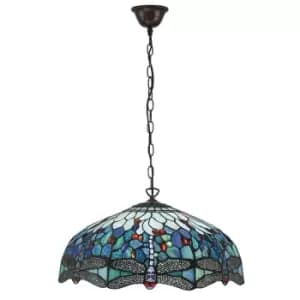 Dragonfly Tiffany 3 Light Large Ceiling Pendant Bronze, Blue