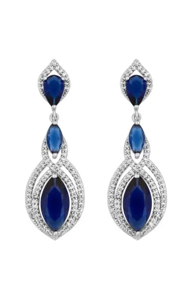 Rhodium Plated Blue Navette Statement Drop Earrings