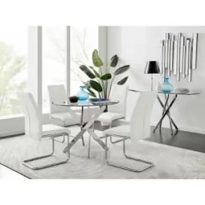 Novara Chrome Metal Round Glass Dining Table And 4 White Lorenzo Dining Chairs - White