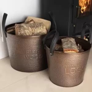 Charles Bentley - Walnut Pair of Fireside Wood Buckets Iron Leather Antique Brass Leather Handles - Black