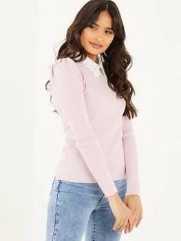 Quiz Grey Ribbed Crochet Collar Top - S