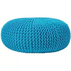 Teal Blue Large Round Cotton Knitted Pouffe Footstool - Teal Blue - Homescapes
