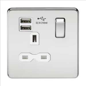 KnightsBridge 13A 1G Screwless Polished Chrome 1G Switched Socket with Dual 5V USB Charger Ports - White Insert