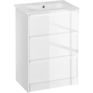 kleankin 600mm Bathroom Vanity Unit w/ 1 Tap Hole Basin Drawers Gloss White - High gloss