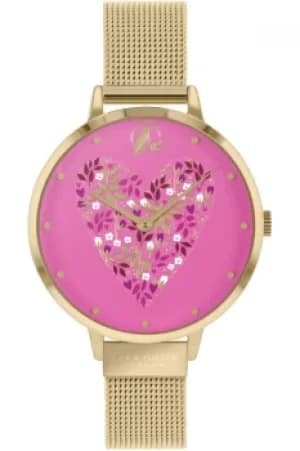 Sara Miller Ditsy Ladies Pale Gold Stainless Steel Mesh Strap Heart Dial Watch SA4078