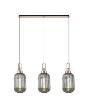 Linear 3 Light Pendant E27 With 20cm Tubular Ribbed Glass, Smoked Copper, Matt Black