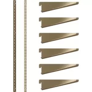Rothley Antique Twin Slot Shelving Kit 1980mm Uprights (x2) & 120mm Brackets (x6) in Brass Steel