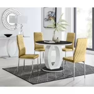 Furniturebox UK - Furniturebox Giovani Black 100cm Round Dining Table and 4 Mustard Velvet Milan Dining Chairs With Silver Legss
