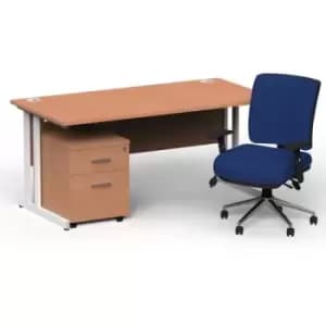 Impulse 1600/800 White Cant Desk Beech + 2 Dr Mobile Ped & Chiro Med Back Blue W/Arms