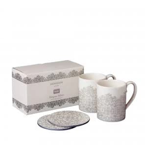 Denby Monsoon Filigree Silver Set Of 2 Mugs and Coasters