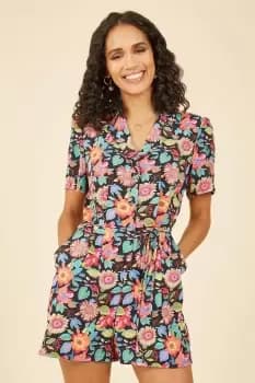 Multicoloured Retro Floral Button Up Playsuit