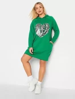 Yours Hooded Printed Sweat Dress - Green, Size 18, Women