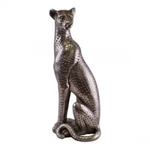 Large Silver Coloured Sitting Leopard Ornament, 38cm